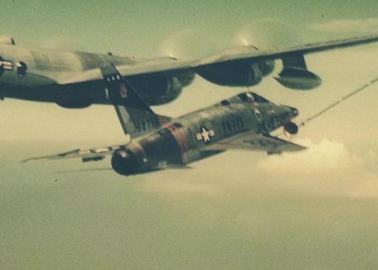 Picture of F-100 aerial refueling ops. Click on this picture to 
               start the video.